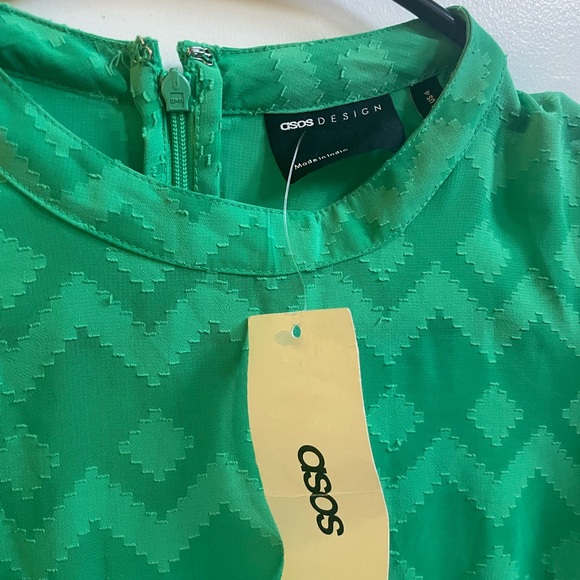 NWT ASOS DESIGN high neck pleated chevron textured midi dress with puff sleeves - Picture 11 of 16